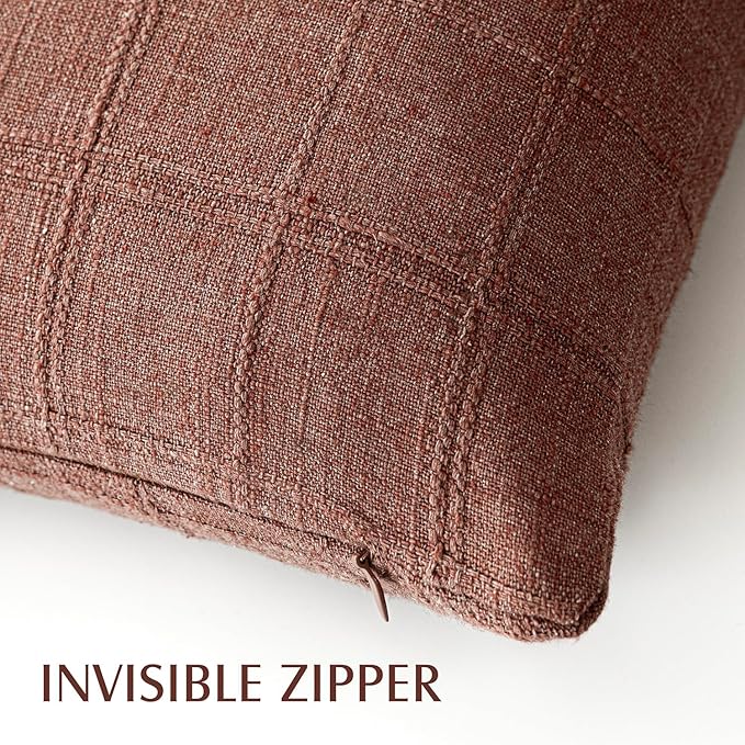 Foindtower Set of 2 Decorative Linen Check Throw Pillow Covers Neutral Farmhouse Vintage Cushion Covers Cozy Modern Boho Home Decor for Sofa Chair Couch Bedroom Living Room,14×36 Inch,Autumnal Red