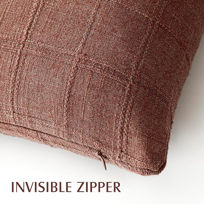 Foindtower Set of 2 Decorative Linen Check Throw Pillow Covers Neutral Farmhouse Vintage Cushion Covers Modern Boho Home Decor for Sofa Chair Couch Bedroom Living Room,18×18 Inch,Autumnal Red