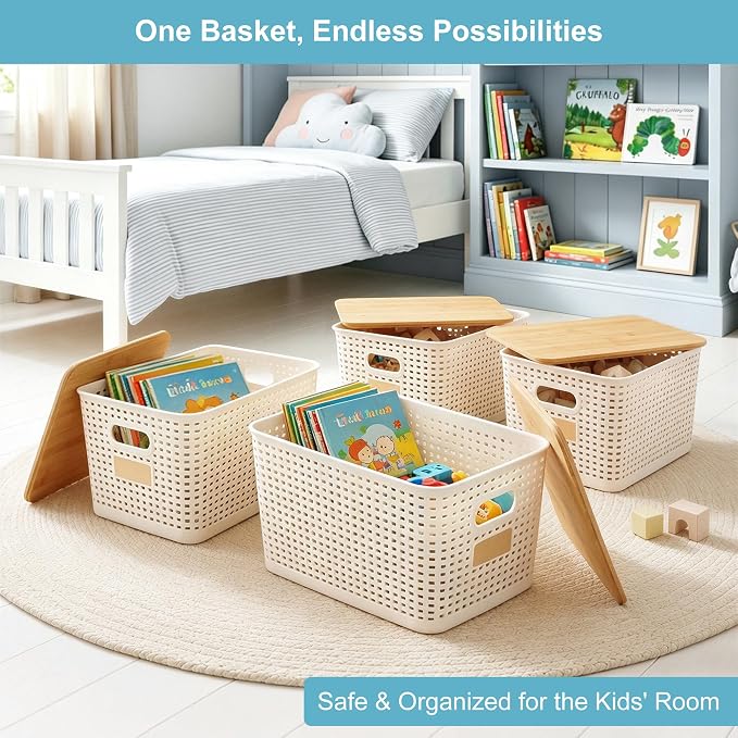 2 Pack Tall Plastic Storage Bins with Bamboo Lids, 10.8qt Stackable Storages Baskets for Organizing Desktop Closet Playroom Classroom Office, 12"L x 8.3"W x 6.1"H, Cream White