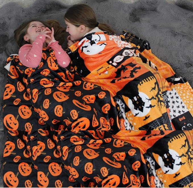 Halloween Fleece Throw Blanket, Patchwork Witch & Haunted House, 50x60 in | Ultra-soft cozy flannel fleece, for sofa couch bed chair & dorms, spooky Halloween décor, durable and machine washable.