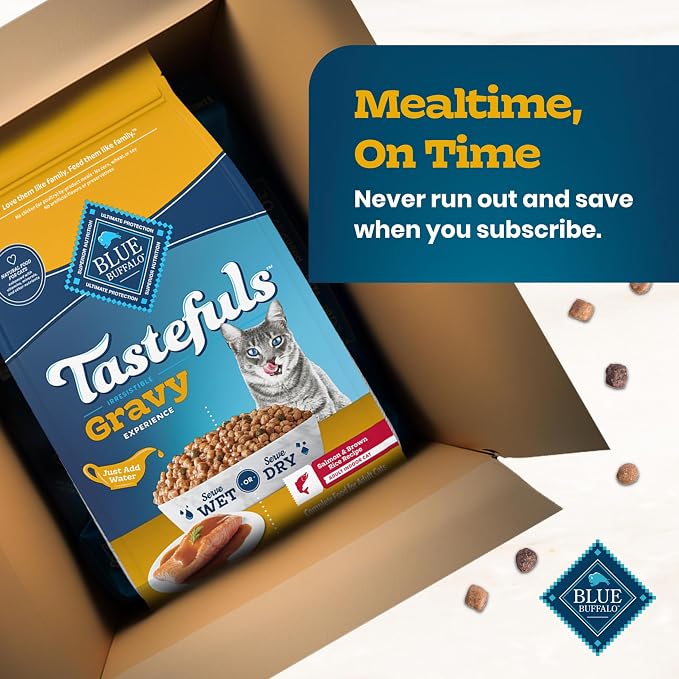 Blue Buffalo Tastefuls Irresistible Gravy Experience Salmon Cat Food, 7 lb | Adult Cat Salmon & Brown Rice Recipe, Add Warm Water for Real Gravy, Supports Digestion & Coat Health