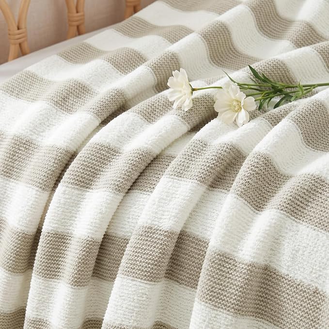 Soft Throw Blanket for Couch-Cozy Reversible Knitted Blankets | Lightweight Warm Fluffy Decor for Women, Mom, Her & Girls, Sofa, Chair, Bed, 50x70in, Feather Yarn Khaki