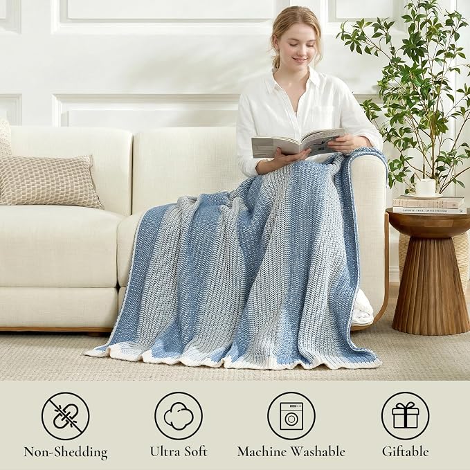 Premium Chenille Throw Blanket, Blue Ivory, 60"x80" | Soft Cozy Decorative Knit, Textured Two-Tone, Lightweight Warm, For Couch, Sofa, Bed, Living Room