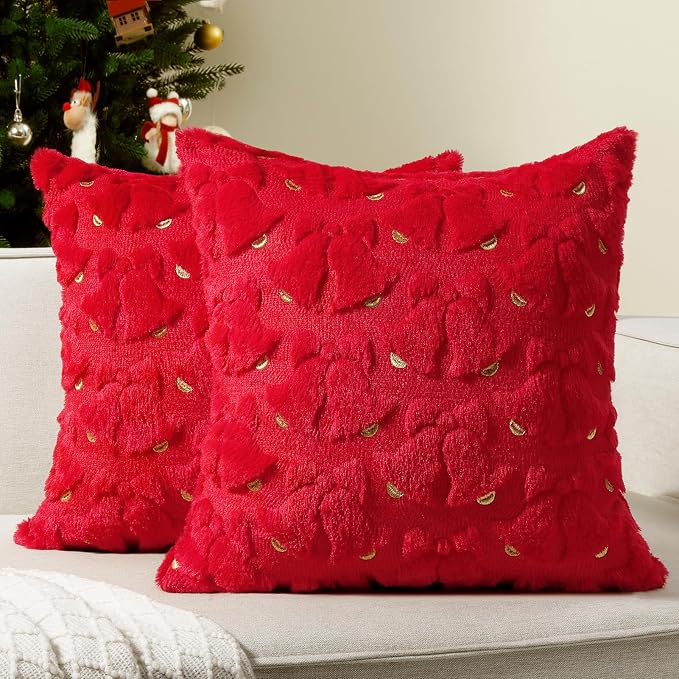 Softalker Christmas Throw Pillow Covers 20 x 20 Inch Set of 2, Xmas Winter Bell Faux Fur Cushion Covers, 3D Embroidered Pillow Cases for Couch Bedroom Living Room Decor, Red