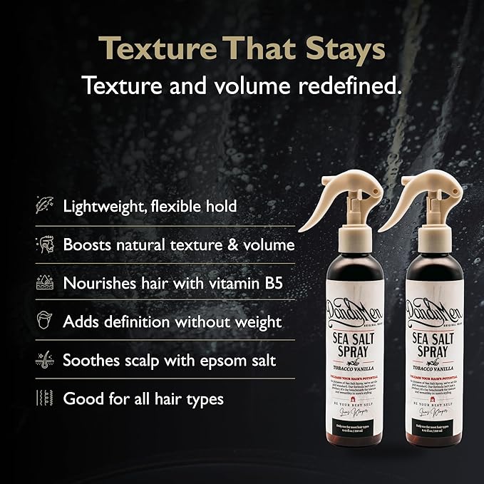 DandyMen Sea Salt Spray – Lightweight Texture, Volume, and Flexible Hold with Epsom Salt & Pro-Vitamin B5 (2-pack, Tobacco Vanilla)