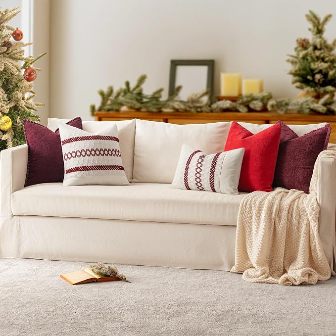 MIULEE Decorative Lumbar Throw Pillow Covers 12x20 Inch Burgundy Red 2 Pack | Farmhouse Pillow Covers with Stitched Edge, Soft Chenille Cushion Cases, for Couch Sofa Bed Living Room Home Decor