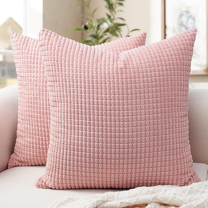 Softalker Corduroy Decorative Throw Pillow Covers 16x16, Set of 2, Pink | Soft Boho Striped Pillow Cases, Couch Fluffy Cushion Covers for Farmhouse Home Decor Bed Living Room