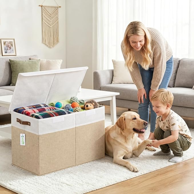 Large Toy Storage Box with Lids, Collapsible Sturdy Baby Storage Organizer Chest Bin Basket for Kids, Boys, Girls, Playroom, Nursery, Bedroom, Closet 25"x13"x16" (Beige and White)