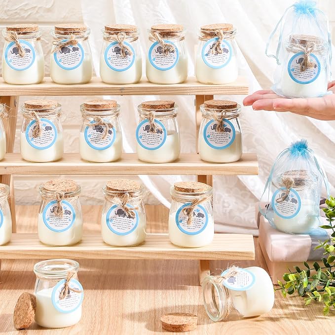 Threlaco 20 Pcs Elephant Baby Shower Favors Party Candle Lavender Scented Glass Mason Jar Wax Candle Bulk for Guests Girl Boy Gender Reveal Party Gifts(Blue)