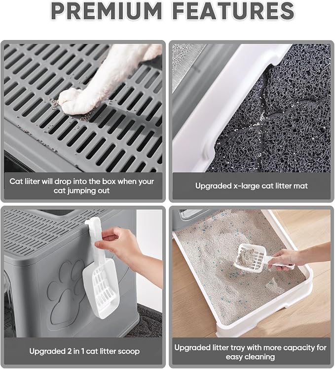 Medario Cat Litter Box with X-Large Litter Mat and Scoop(Upgrade Dark Grey) | Large Covered Litter Box with Lid, Enclosed Kitty Box,Front Top Entry Exit, Odor Control Easy to Clean