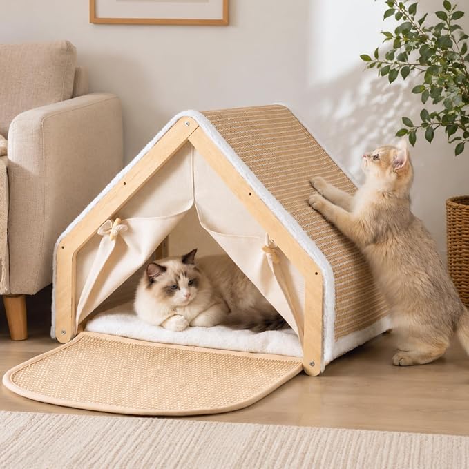 SATINIOR Cat Houses for Indoor Cats with Scratcher Board, Sturdy Wood Frame Cat Bed Cave with Curtains and Floor Scratching Pad Rug, Protect Couch and Carpets