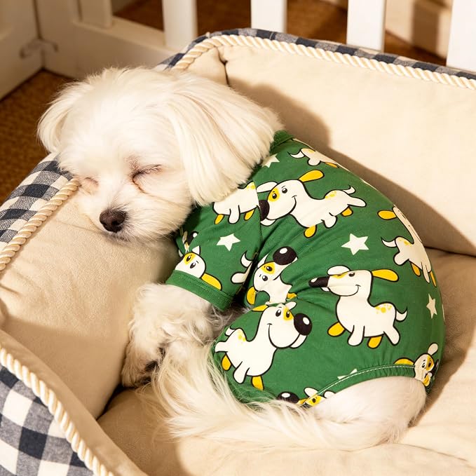 Dog Pajamas Summer Cute Print Puppy Jumpsuit Thin Dog Onesie Small Dog Clothes with Comfy & Elastic Frbic Puppy Pjs(Green Puppy, Large)