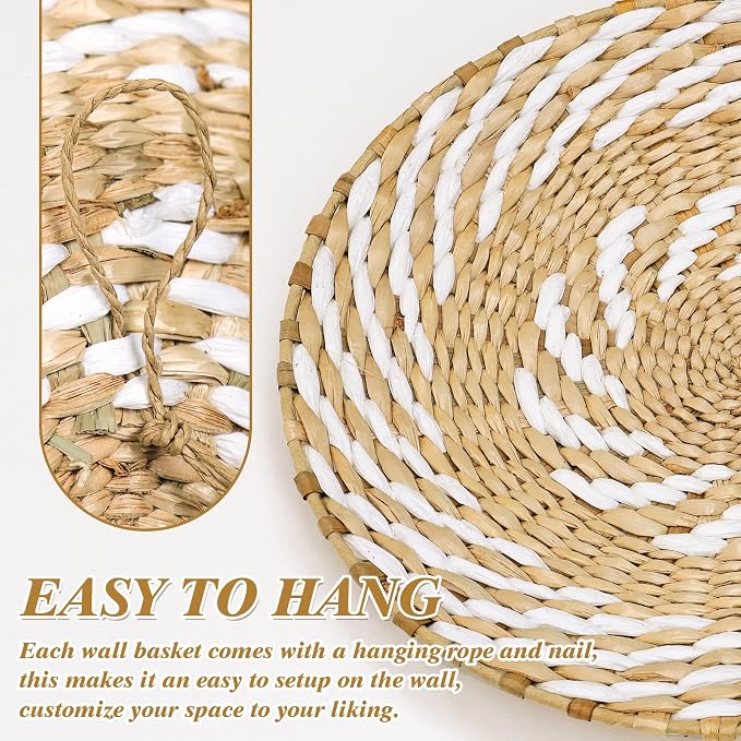 Set of 10 Boho Wall Basket Decor Wicker Woven Wall Basket Decoration | LOMOHOO Bohemian Handcrafted Round Basket Hanging Decor Bulrush Wall Art Decors for Living Room Rustic Home