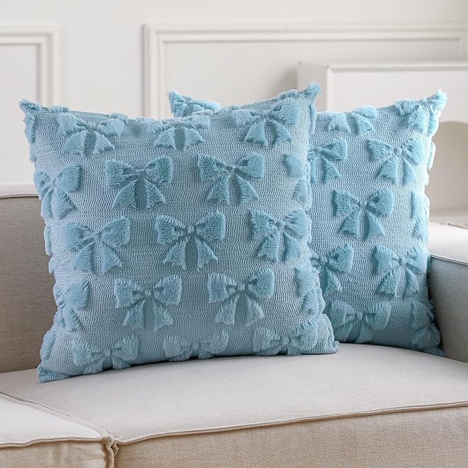 Mixweer Blue Bow Pillow Covers Set of 2 Preppy Room Decor Coquette Cute Spring Summer Decorative Faux Fur Soft Bowknot Stuff Fluffy Plush Aesthetic Pillowcase for Bed Sofa Couch (20 x 20 Inch)
