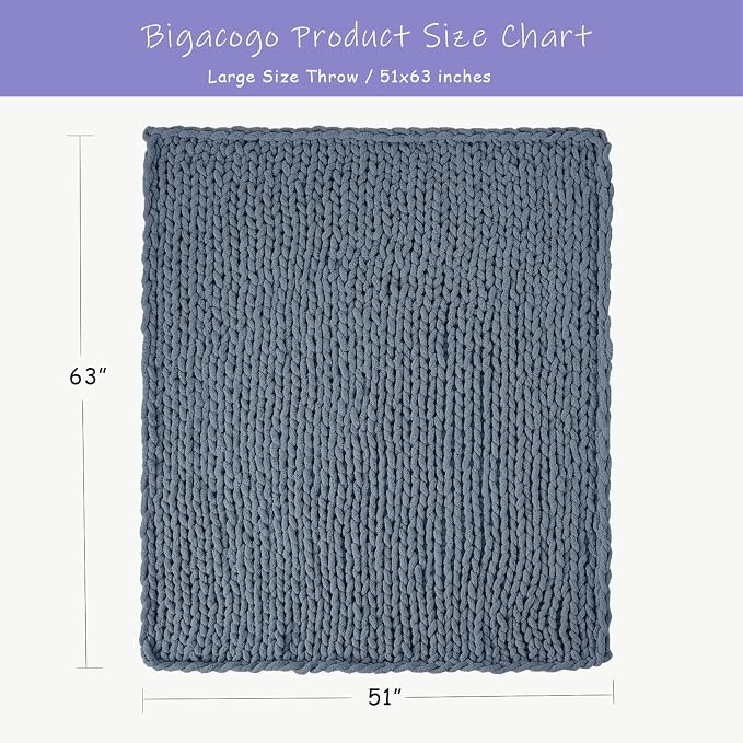 Bigacogo Chunky Knit Throw Blanket for Couch, 51x63 inches, Cold Sea Blue | Hand Knit with Jumbo Chenille, Soft Breathable Cable Knit for Sofa Bed Living Room, Machine Washable, Gift for Mom Friend