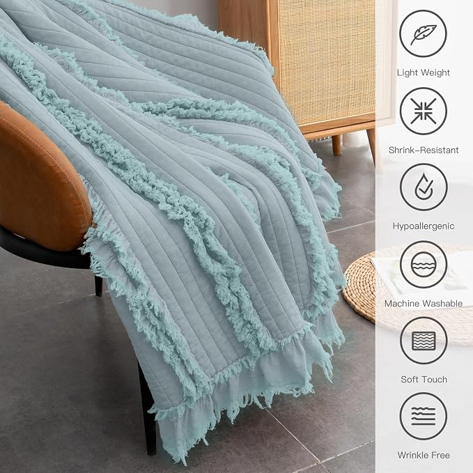 Ultra Soft Pre-Washed Warm Quilted Throw Blanket, Ruffle Fringed Blue Boho Decorative Throw, Stone Washed Chic Rustic Blanket for Sofa Couch Bed Chair, 50"x 60"