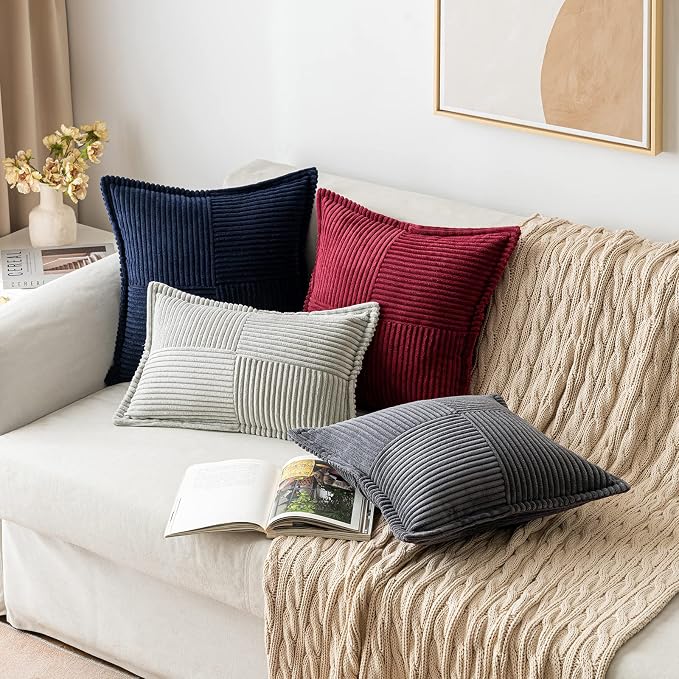 MIULEE Decorative Throw Pillow Covers for Couch 20x20 Inch Burgundy 2 Pack | Boho Broadside Striped Patchwork Pillow Covers, Soft Corduroy Cushion Cases, For Sofa Bed Livingroom Home Decor