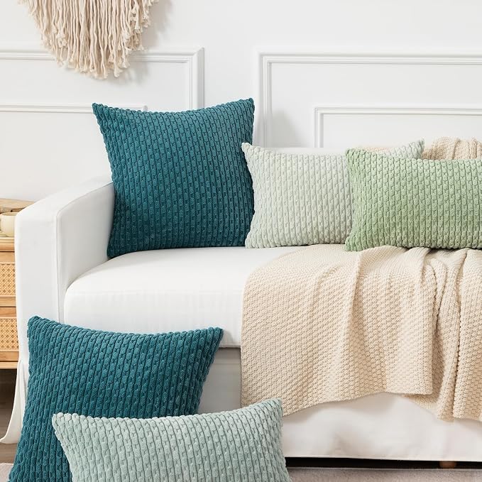 Kevin Textile Soft Corduroy 16"x24" Lumbar Pillow Cover 1 Pack, Teal Blue | Boho Stripe Plush Corduroy Decorative Oblong Cushion Cover Modern Farmhouse Home Decor for Sofa Couch Bed Chair