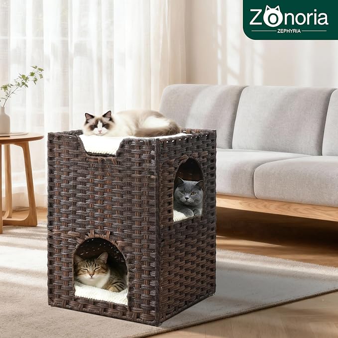Cat Bed for Indoor Cats, a Stylish Cat Hideaway & Cat House - Handwoven Rattan Cat Cave Bed with Soft Cushion, Foldable Cat Cubes for Indoor Cats, Sturdy Cat Perch & Furniture Coffee Brown