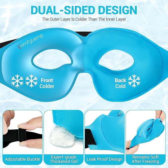 Comfytemp Cold Gel Eye Mask, Cooling Eye Ice Pack for Puffiness, Reusable Cold Compress Sleeping Mask for Puffy Eye, Dry Eyes, Sinus, Dark Circles, Migraines Relief, 2 Temp Side, Get Well Gift, 1 Pcs