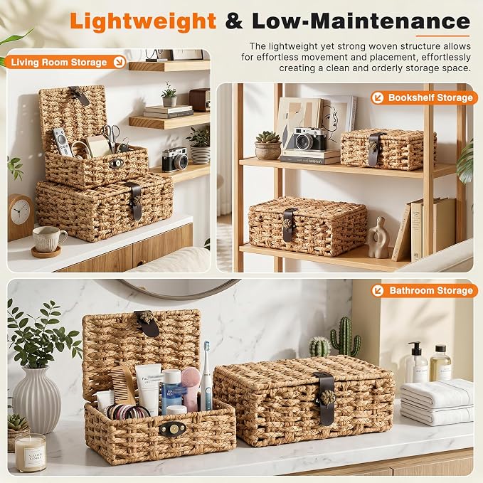 Water Hyacinth Wicker Storage Baskets with Magnetic Lids, Set of 2 | 2-Piece handwoven water hyacinth boxes with magnetic lids and metal frames for shelves, coffee tables, and consoles