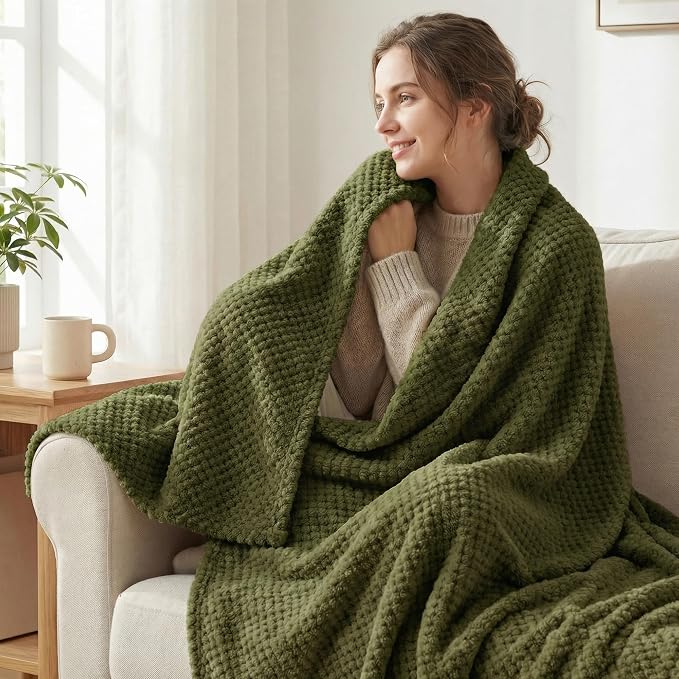 Exclusivo Mezcla Soft Waffle Fleece Bed Blanket King Size, Olive | Lightweight Plush Blanket for Bed, Bedroom, Cozy Flannel with Waffle Texture, Stylish Home Decor, All Season, 104x90 Inches