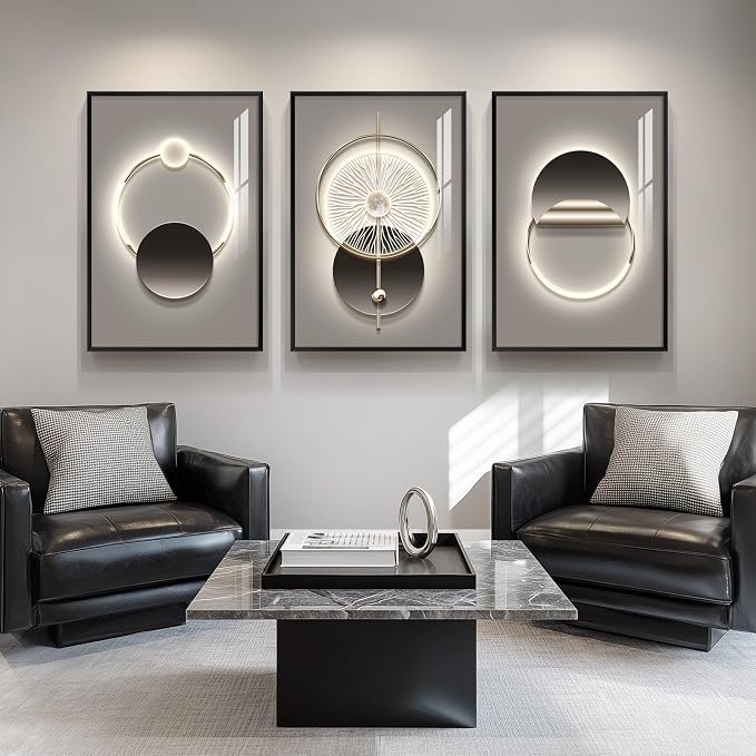 Framed Modern Black and Grey Abstract Wall Art for Living Room, Large 3 Piece Bright Silvery Pictures Artwork Decor, Minimalist Geometric Luxury Painting Prints for Hallway Home Office 24x36 In