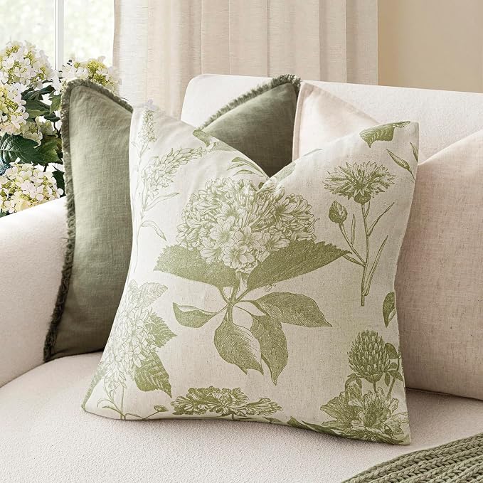 Foindtower Set of 2 Linen Floral Throw Pillow Covers Vintage Accent Print Decorative Cozy Cushion Covers Farmhouse Boho Home Decor for Sofa Chair Couch Bedroom Living Room,22×22 Inch,Light Green