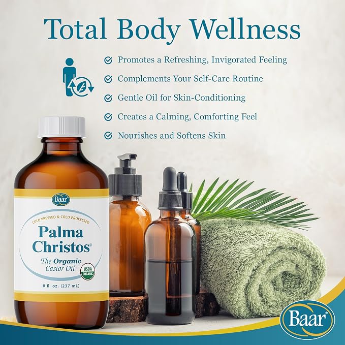 Baar Palma Christos Organic Castor Oil, Cold-Pressed, Hexane-Free, USDA Certified, for Skin, Hair, Massage & Castor Oil Packs, Glass Amber Bottle, 8 oz.