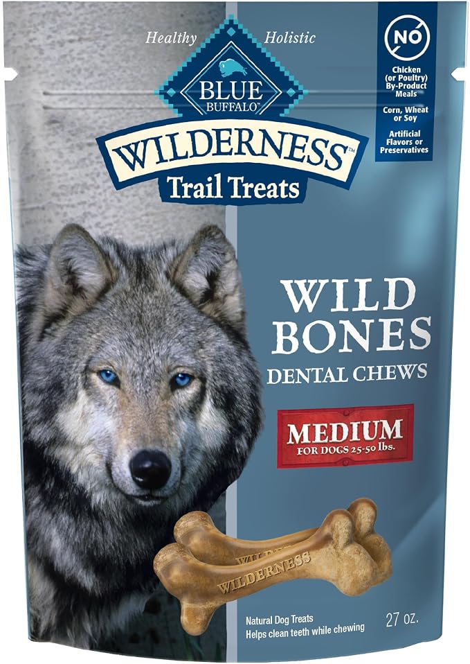 Blue Buffalo Wilderness Medium Dog Dental Chews, Grain-Free, 27 oz | Reduces Tartar & Plaque, Freshens Breath, Sized for Dogs 25-50 lbs., No Artificial Preservatives