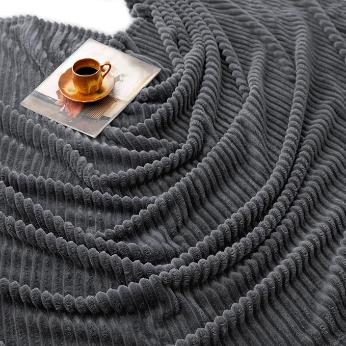 Vessia Flannel Fleece Throw Blanket, Lightweight Warm and Soft Striped Grey Couch and Bed Blanket, Cozy Microfiber Ribbed Sofa Decor for All Season