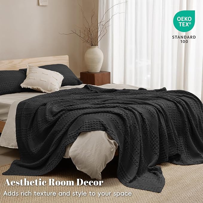 PHF 100% Cotton Waffle Weave Blanket Queen Size, Lightweight Breathable Summer Blanket for Hot Sleepers, Pre-Washed Soft Layer for Bed, Couch, Aesthetic Home Decor & Gift, 90"x90", Black
