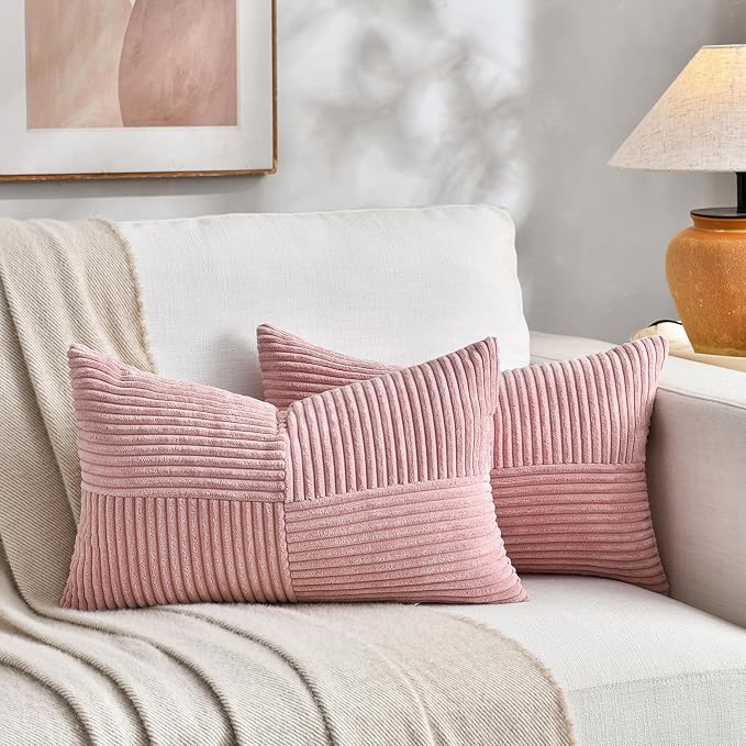 Fancy Homi Blush Pink Lumbar Decorative Throw Pillow Covers 20x28 Inch for Living Room Couch Bed, Rustic Farmhouse Boho Home Decor, Soft Striped Corduroy Rectangle Accent Cushion Case 50x70 cm