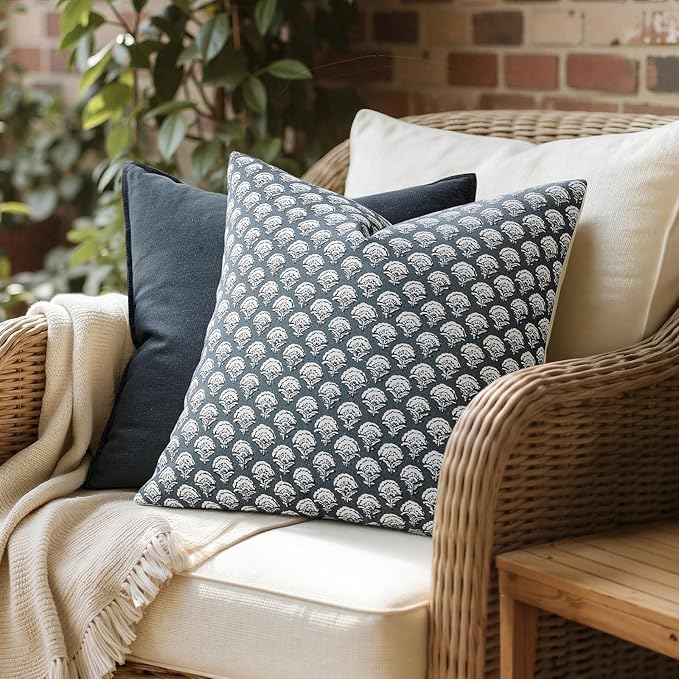 MIULEE Floral Print Decorative Pillow Covers 18x18, Dusty Blue | Vintage Boho Farmhouse Modern Home Decor, Set of 2, Block Print Cushion Covers for Couch Sofa Bed Living Room