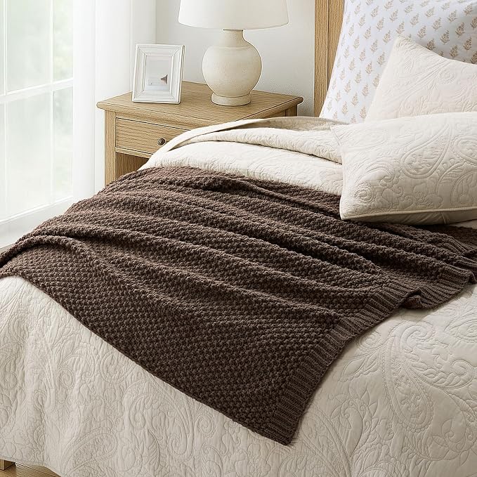 EVERGRACEHOME Chunky Chenille Knit Throw Blanket, 60 x 80, Cocoa Brown | Sculpted Moss Stitch, Chic Modern Farmhouse, All-Season Warmth, OEKO-TEX® Certified, Elegant Blanket for Couch, Bed, Sofa
