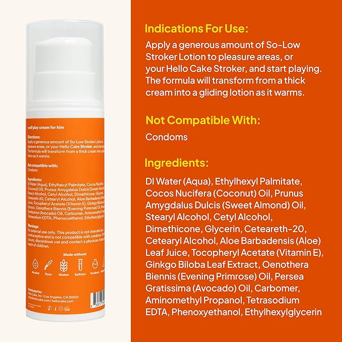 Hello Cake So-Low Stroker Lotion - Below the Belt Solo Cream for Men, Natural Moisturizing Ingredients Coconut Oil, Avocado Oil, Aloe Vera, 8 fl oz