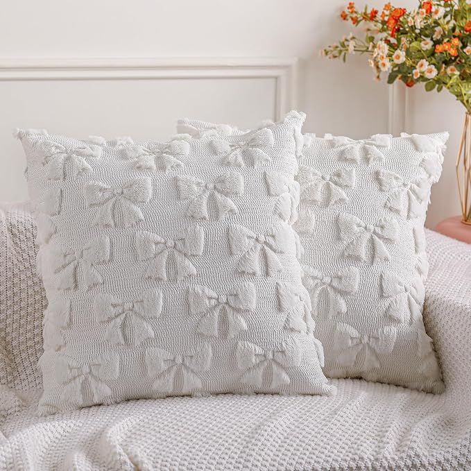 Mixweer Cream White Bow Pillow Covers Set of 2 Preppy Room Decor Coquette Cute Spring Summer Decorative Faux Fur Soft Bowknot Stuff Fluffy Plush Aesthetic Pillowcase for Bed Sofa Couch (20 x 20 Inch)