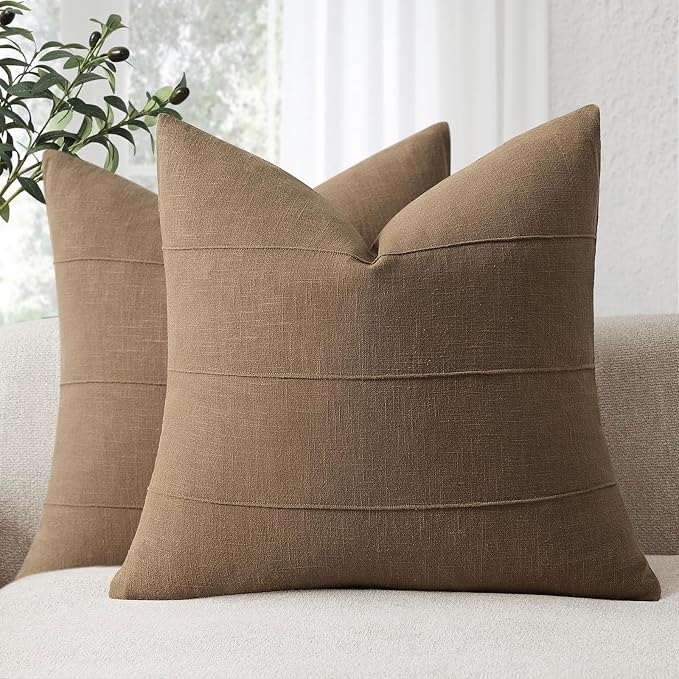 Decorative Linen Throw Pillow Covers 18x18 Set of 2 Solid Handcrafted Striped Cushion Covers for Bed Soft Modern Farmhouse Neutral Pillowcase for Couch Bedroom Living Room Home Decor(Coco Brown)