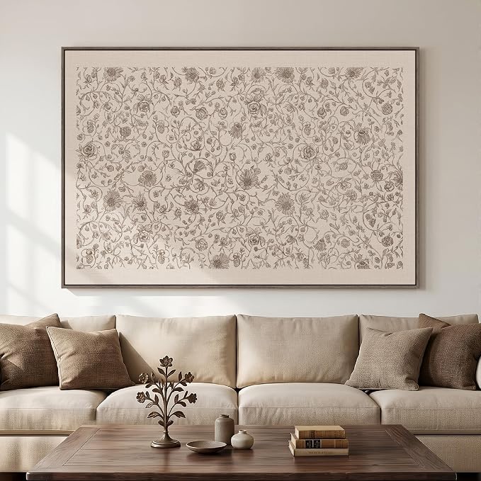 Extra Large Framed Vintage Neutral Wall Art for Living Room, Oversized Beige Retro Canvas Prints Artwork for Walls, Floral Rustic Painting Picture for Hallway Dining Room Wall Decor, 72x48 Inch