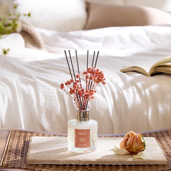 Airkeep Reed Diffuser Set,3.38 fl oz (100 ml) - English Rose Oil Diffusers with 8 Reed Sticks, Home Fragrance Reed Diffuser for Bathroom Shelf Decor