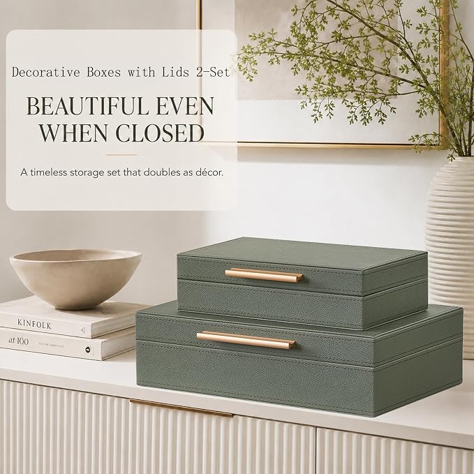 Decorative Box, Decorative Boxes with Lids 2-Set, Memory Box for Keepsakes | Beautiful PU Leather Decorative Storage Boxes in Style, Decor Box with Rose Metal Handle, Store Photos, Documents Green