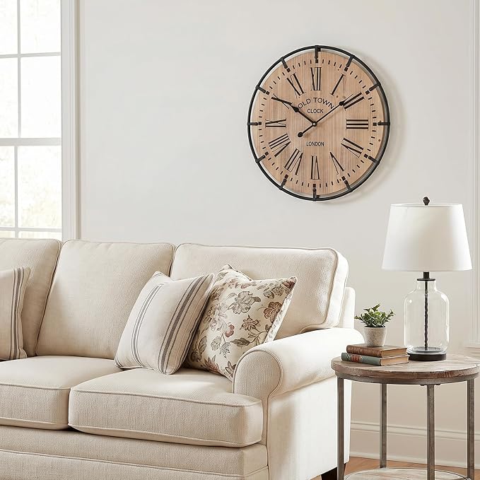 EMAX HOME 20 Inch Large Farmhouse Wall Clock, Light Wood Grain Face with Black Metal Frame, Silent Non-Ticking Quartz Movement, Easy-to-Read Roman Numerals, for Living Room, Bedroom, Kitchen.