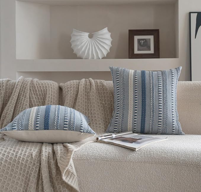 Cethom Boho Throw Pillow Covers 18x18 Inch Set of 2, Farmhouse Decorative Couch Pillow Cases, Blue Accent Pillows of Bed, Sofa Bedroom Living Room Home Decor Cushion Cover