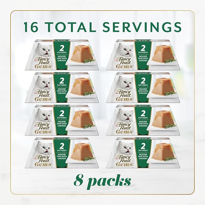 Purina Fancy Feast Gems Chicken Wet Cat Food Variety Box, 4 oz, 8-Pack | 16 single servings, mousse pate with savory gravy, made with no artificial preservatives, 100 percent complete and balanced