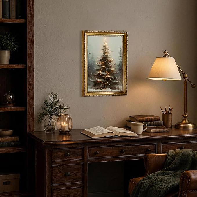 Fantasy Artists Christmas Framed Canvas Wall Art, Lighted Christmas Tree in Snowy Forest Gold Frame Print, Vintage Winter Holiday Decor for Living Room Bedroom Entryway, Ready to Hang, 12" Wx16 H