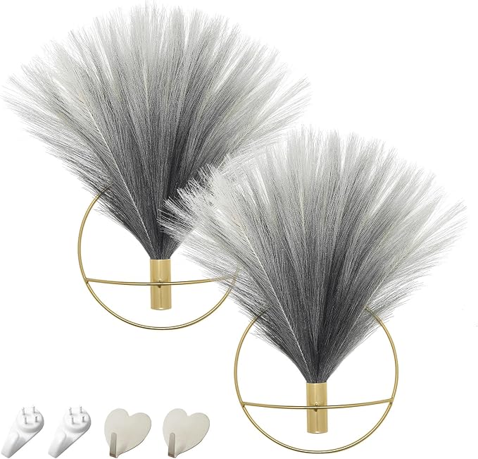 Pretty Jolly Boho Pampas Wall Decor Gold Metal Wall-Mounted Art | Morden Artificial Greenery Display，2 Pack Gray Hanging Planter For Living Room, Bedroom, Bathroom, Dining room