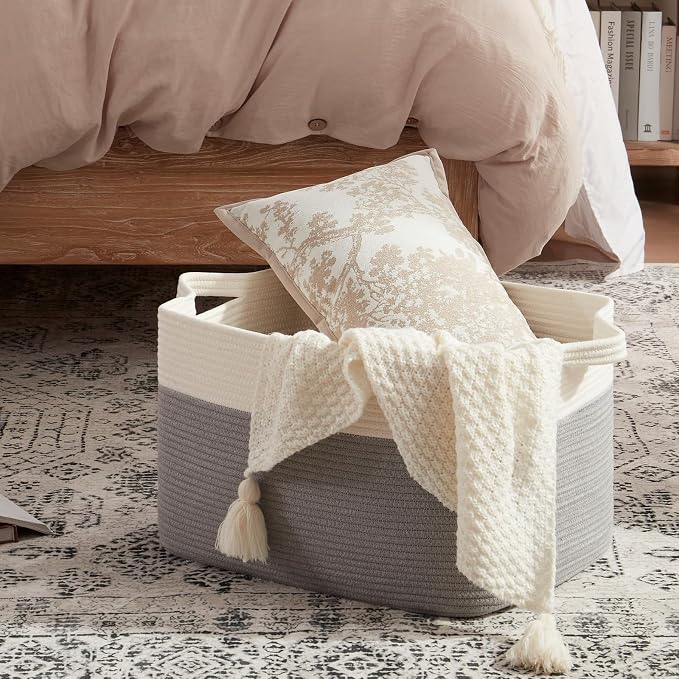 OIAHOMY Large Blanket Basket, 65L Cotton Rope Woven Laundry Basket, Toy Bin for Baby Room, Container for Blanket Storage in Living Room, 20''×16''×12'', Grey & White