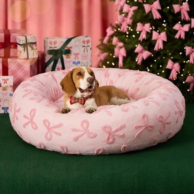 LE SURE Shown on TV Jacquard Donut Dog Beds Large,Pink Taffy 36x36x8in | Orthopedic Calming Pet Bed Sofa, Original Design Pattern,Washable Cover,Cute Home Decor as Gift for Pet,Anti Slip Bottom