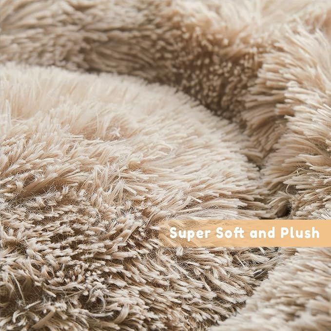 Cat Beds for Indoor Cats - Cat Bed Washable 24 inches, Dog Beds for Small Medium Dogs, Anti Anxiety Round Fluffy Plush Faux Fur Cat Bed, Thick Bottom (Light Brown, Large 24" L x 24" W)