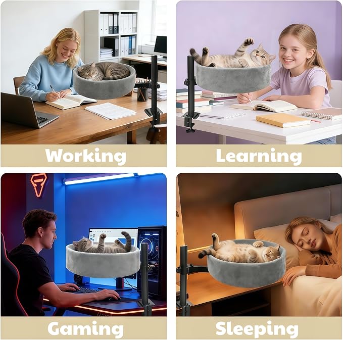 Cat Desk Bed,360° Rotating & Height Adjustable Desk Cat Bed,Space Saving Modern Indoor Cats Nest Furniture Cozy Faux Fur Pet Nest Perch Hammock for Various Desktops,15.7" L*15.7" W*16.9" H,Grey